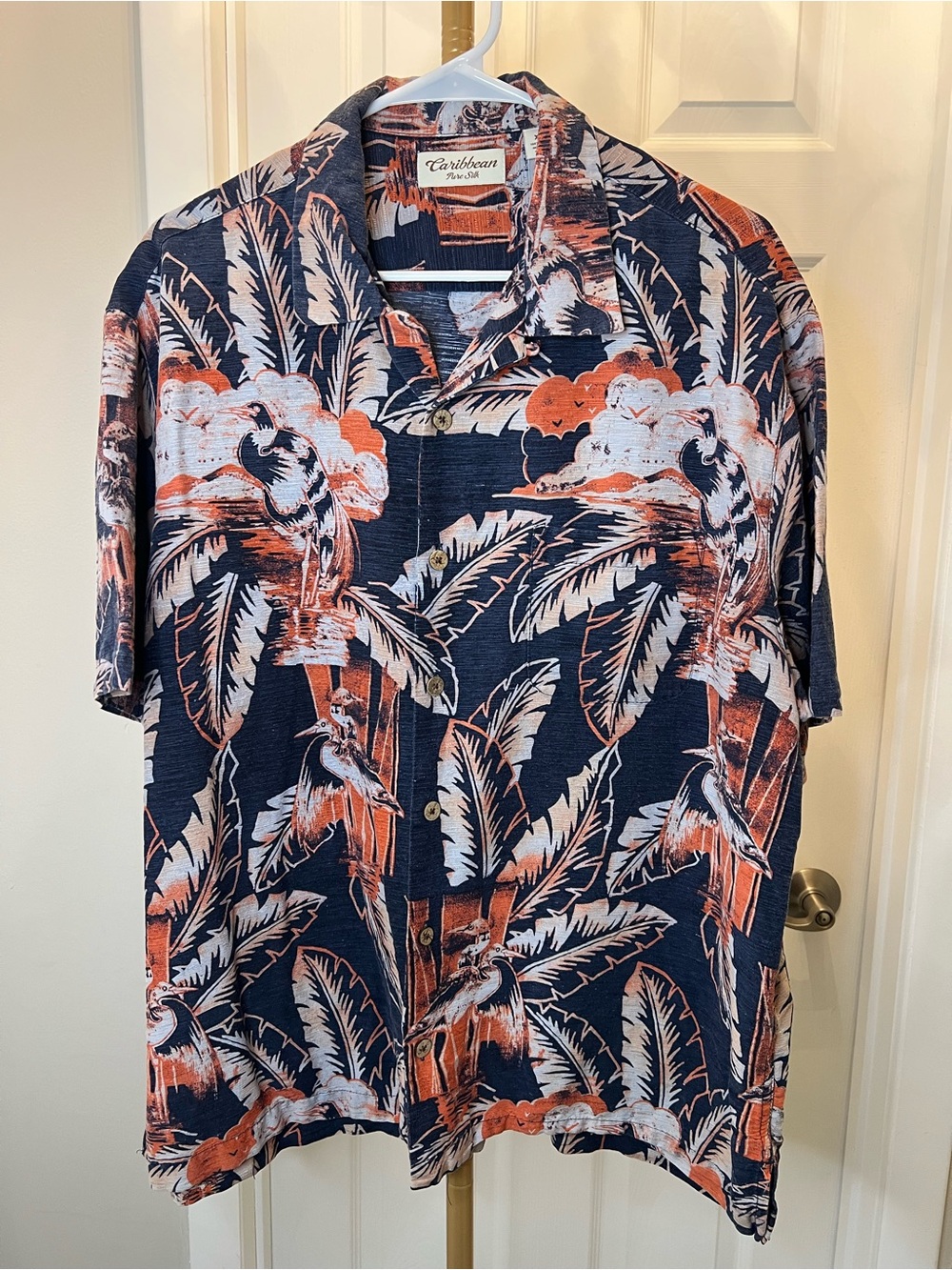 Caribbean Navy and Orange Tropical Button-Up Camp Shirt 💯 silk